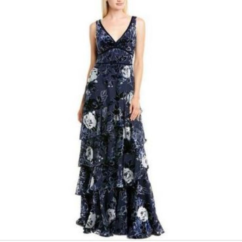 NWT Marchesa Notte Blue Floral Sleeveless Tiered Burnout Gown Dress 2